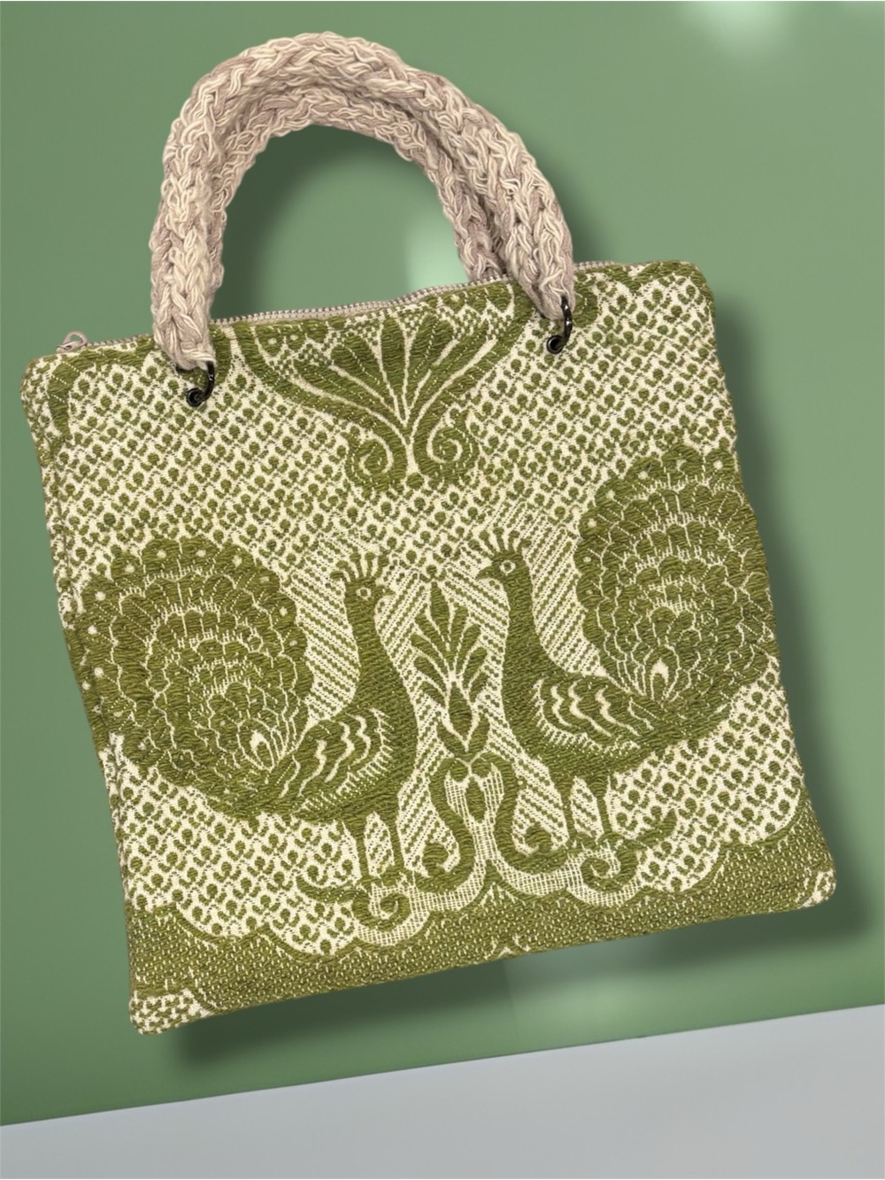 Momo Mode Athens Woven Peacock Tapestry Tote Bag Boho Knit Handles Green White